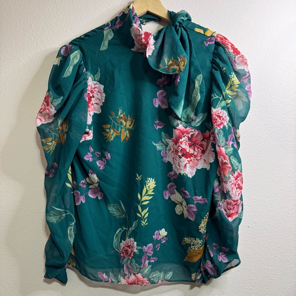 Keepsake Floral Teal Blouse with Bow Detail